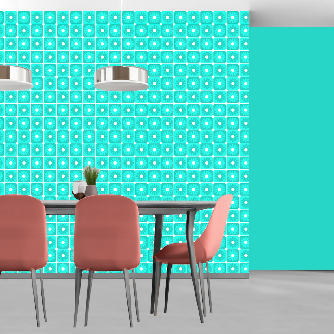 An abstract composition featuring irregular, rounded shapes in vibrant colors. The main colors include bright green, lime green, turquoise, and dark blue, all separated by white, jagged outlines. The shapes overlap and intersect dynamically, forming an energetic and playful pattern. The overall texture has a fabric-like appearance with subtle horizontal and vertical lines running through the colors.